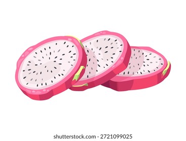 Três fatias de fruta de dragão, cortadas em círculos. Pitaia suculenta, ou pitahaya, uma fruta tropical de verão. Ilustração vetorial em um fundo branco.