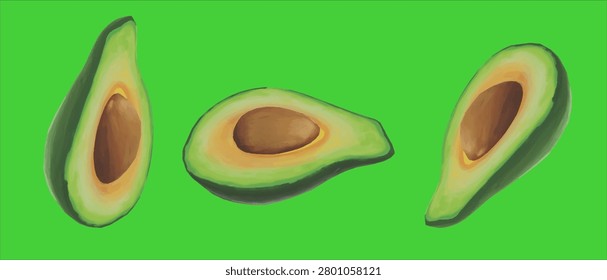 Three Slices of Fresh Ripe Avocado Movement on Green Screen Background