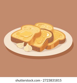 Três fatias de pão de alho castanho-dourado, generosamente amanteigado, servidas num prato branco com dois dentes de alho.
