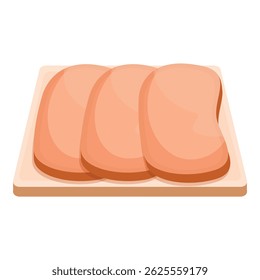 Three slices of ham overlapping each other on a wooden cutting board