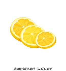 Three slices of juicy lemon. Citrus fruit. Organic product. Detailed flat vector element for candy packaging