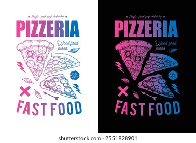 Three slices of pizza with mushrooms, cheese, salami, tomatoes, herbs and olives. Original vector illustration in vintage style. Hand drawn, not AI