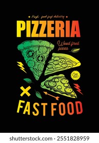 Três fatias de pizza com cogumelos, queijo, salame, tomates, ervas e azeitonas. Ilustração vetorial original em estilo vintage. Desenhado à mão, não com IA