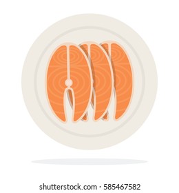 Three slices of salmon on a plate top view vector flat material design isolated on white