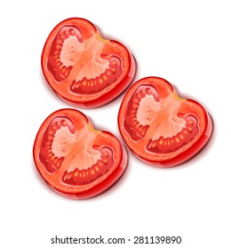 three slices of tomato on white background