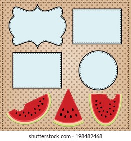 Three slices of watermelon, with frames for text or photos, on a polka dot background, for scrapbooking, vector format