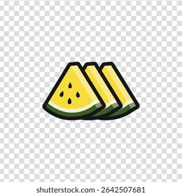 Three slices of watermelon are shown on a transparant background. The slices are cut in half, and the watermelon is yellow and green. The image has a bright and cheerful mood