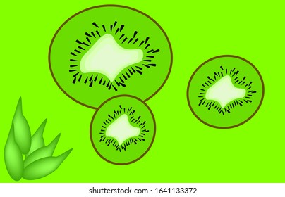 Three slicesof kiwi, and kiwi leaves in the corner, on the bright green background