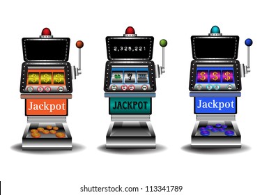 Three slot machines isolated on a white background. Gambling theme