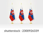 Three Slovakia flags in a row on a golden stand, illustration of press conference and other meetings. Vector illustration.