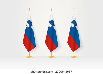 Three Slovenia flags in a row on a golden stand, illustration of press conference and other meetings. Vector illustration.