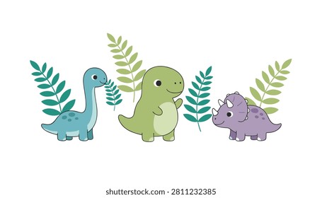Three small baby dinosaurs including a blue brachiosaurus and a purple triceratops standing together among lush green leaves on white.