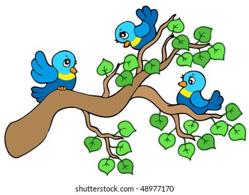 Three small birds sitting on branch - vector illustration.