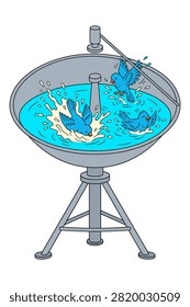 Three small birds splashing in metal antenna basin, technology and nature concept, garden birdbath humor design.