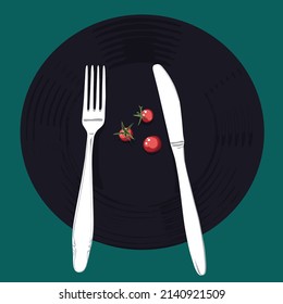 Drei kleine Kirschtomaten mit Utensilien auf einer dunklen Platte