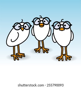 Three Small Cute White Chicks wearing Round Black Spectacles Staring towards camera on Blue Background