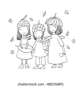 Three small forest fairies in the caps of the cones and leaves. Hand drawing isolated objects on white background. Vector illustration. 