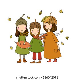 Three small forest fairies in the caps of the cones and leaves. isolated objects on white background. Vector illustration. 