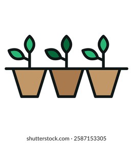 Three small green-leaved plants in brown pots arranged in a row, connected by a horizontal line at the top. Growth, nurturing, gardening