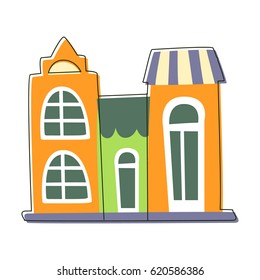 Tres Casas Pequeñas Cerca Las Unas De Las Otras En Color Verde Y Naranja, Cuto Elemento Paisaje De Ciudad De La Historia De Hadas Esbozadas Ilustración De Caricaturas
