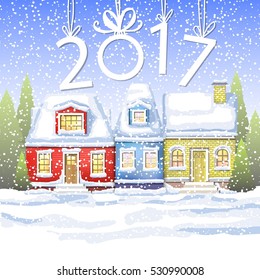 three small houses in the winter countryside. winter card Happy New Year. winter landscape with the inscription 2017.