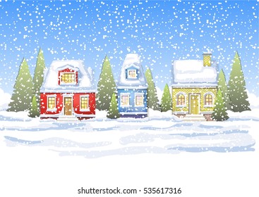 three small houses in the winter countryside. winter card Happy New Year.