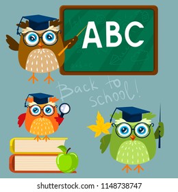 Three small illustrations for school. Wise owls in glasses.