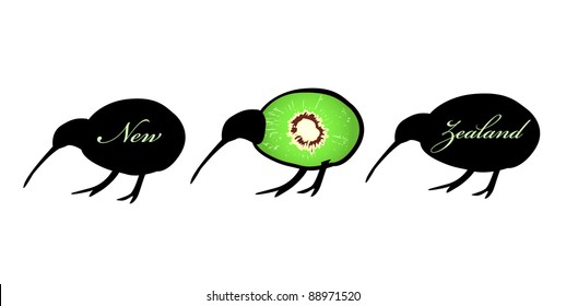 Three small kiwi birds in a line, one with kiwi fruit forming his flightless body, symbol of New Zealand