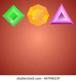 Three small minimalistic shiny gems - emerald green, orange, amber and purple gemstone on red retro background.