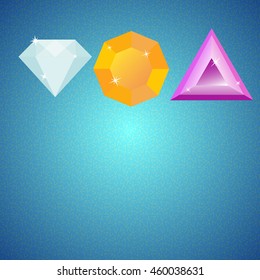 Three small minimalistic shiny gems - orange, purple and blue diamond on a retro background.