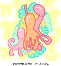 Three small octopus. Gentle colors, children illustration.