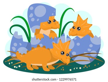 Three small triceratops hatch from eggs in the nest. Cute children's illustration