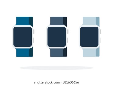 Three smart watch with colored straps vector flat material design isolated on white