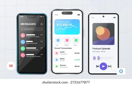 Three smartphone app screens display messaging, banking balance, and a podcast episode. Each shows key features and information for users interested in technology.