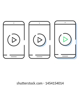 Three smartphone icon in simple line style. Outline cell phone vector for website and app.Play symbol for media player.