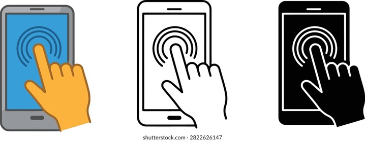 Three smartphone icons with a finger touching fingerprint scanners on blue white and dark screens isolated on transparent background