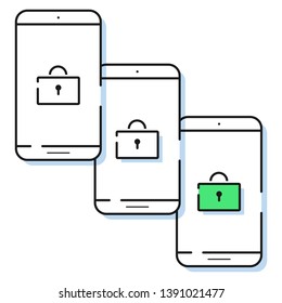 Three smartphone icons with lock screen. Safety of mobile account. Security guard of phone.