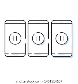 Three smartphone icons in simple line style. Outline cell phone vector for for website and app.Pause symbol for multimedia player.