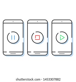 Three smartphone icons in simple line style. Outline cell phone vector for website and app.Symbols for multimedia player.