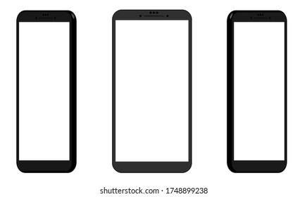 Drei Smartphone-Samups in unterschiedlichen 3D-Projektionen. Vorlagen für UI-Design. Schwarz auf weißem Hintergrund, weiße Bildschirme.