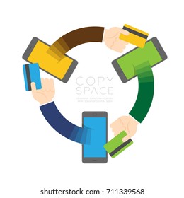 Three Smartphone with pop up hand holding credit card circle shape set Mobile online shopping concept illustration isolated on white background with copy space