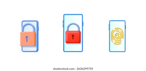 Three smartphone screens with authentication symbols. Fingerprint scan, red padlock, and orange padlock illustrate secure mobile access concept.