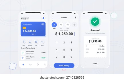 Three smartphone screens display a modern mobile banking application interface featuring a dashboard, money transfer keypad, and a successful transaction confirmation screen.