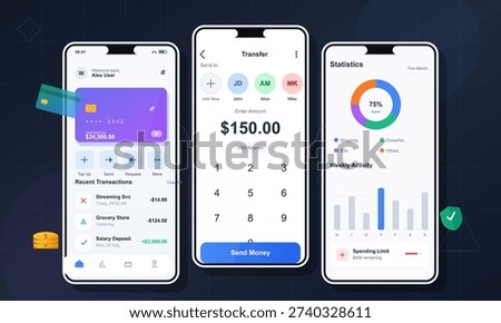 Three smartphone screens display a modern mobile banking application featuring a digital wallet, money transfer interface, and detailed financial statistics with charts and graphs.