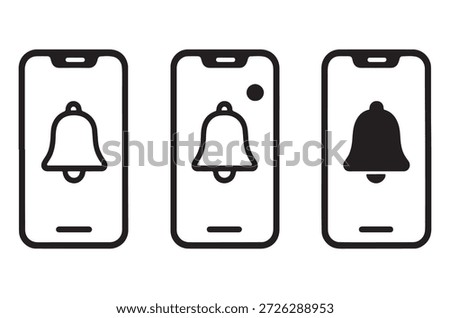 Three smartphone screens show different bell notification icons and states