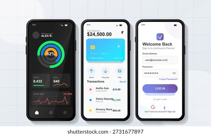 Three smartphone screens showcase a mobile banking app. Users can view expenses, account balances, and enter login details to access financial management tools.