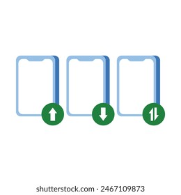 Three smartphones with arrow up and down. graphic illustration of upload, download and synchronization of smartphone with cloud storage. Design elements of technology illustration