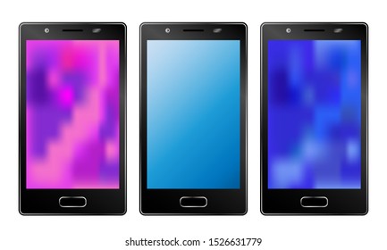 Three smartphones with color screens isolated on a white background. Mockups for your projects.