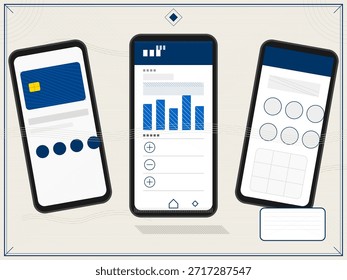 Três smartphones exibem diferentes designs de aplicativos. Duas telas apresentam layouts de botão e uma tela mostra um gráfico com gráficos. O cenário é um espaço digital e focado em tecnologia.