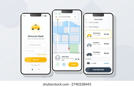 Three smartphones display a ridesharing application interface featuring a login screen, a map with driver details, and a ride selection page with various pricing options.